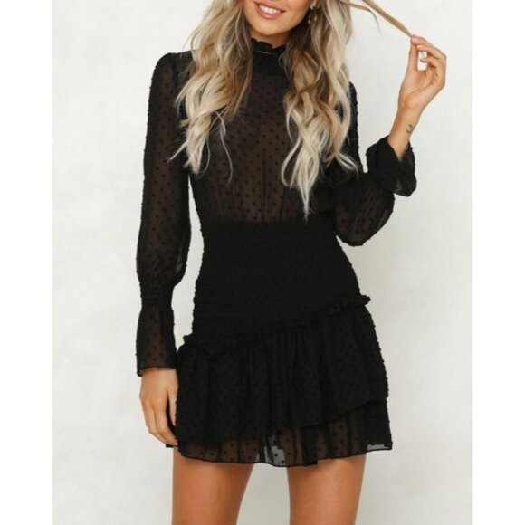 Hello Molly Don’t Take It Personal Black Sheer Smocked Mock Neck Dress Large - Picture 1 of 13
